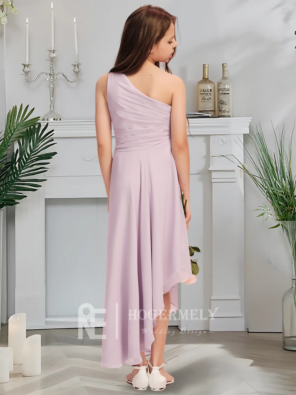 

C Kids Child One Shoulder Junior Bridesmaid Dress Twilight Mauve Flower Girl Dress Asymmetrical Chiffon With Cascading Pleats