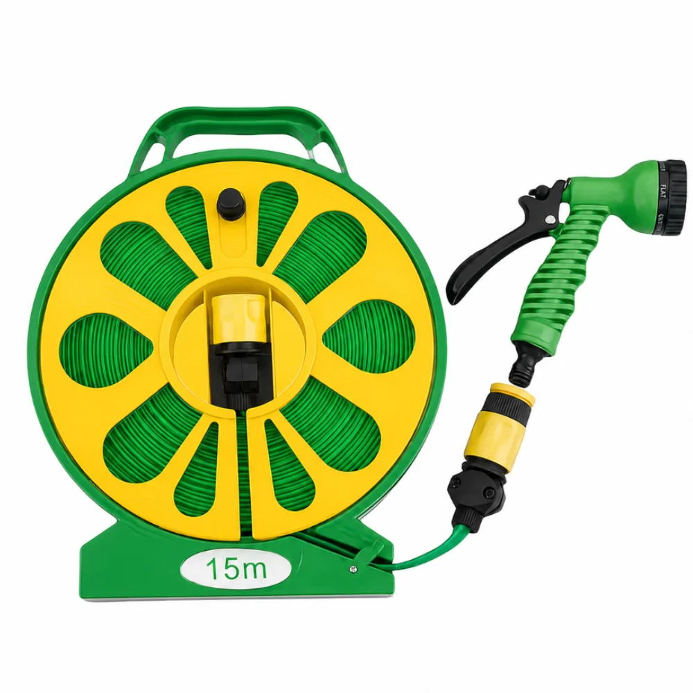 1 Set of 15m Garden Hose with Water Gun Nozzle, Comes with Hose Reel, Water Gun, and Adapters. Leak-proof, Lightweight, Durable Braided Cover. Suitable for Outdoor Watering, Car Washing, and Floor