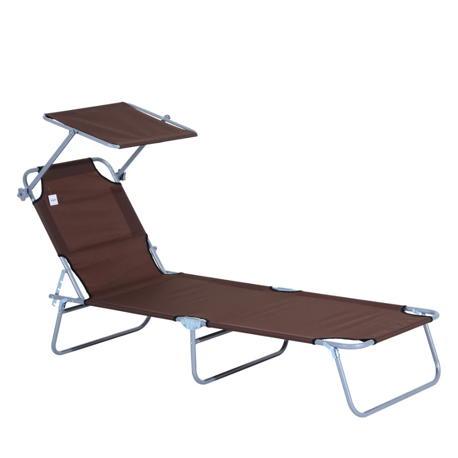 Chaise longue de jardin pliable avec pare-soleil intégré ; Chaise longue d'extérieur marron (187x58x36 cm), adaptée pour terrasse, balcon et jardin.