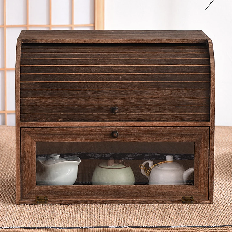 Solid wood dustproof double roll-up design teapot desktop tea set tea cup shelf storage box cosmetics stationery cabinet