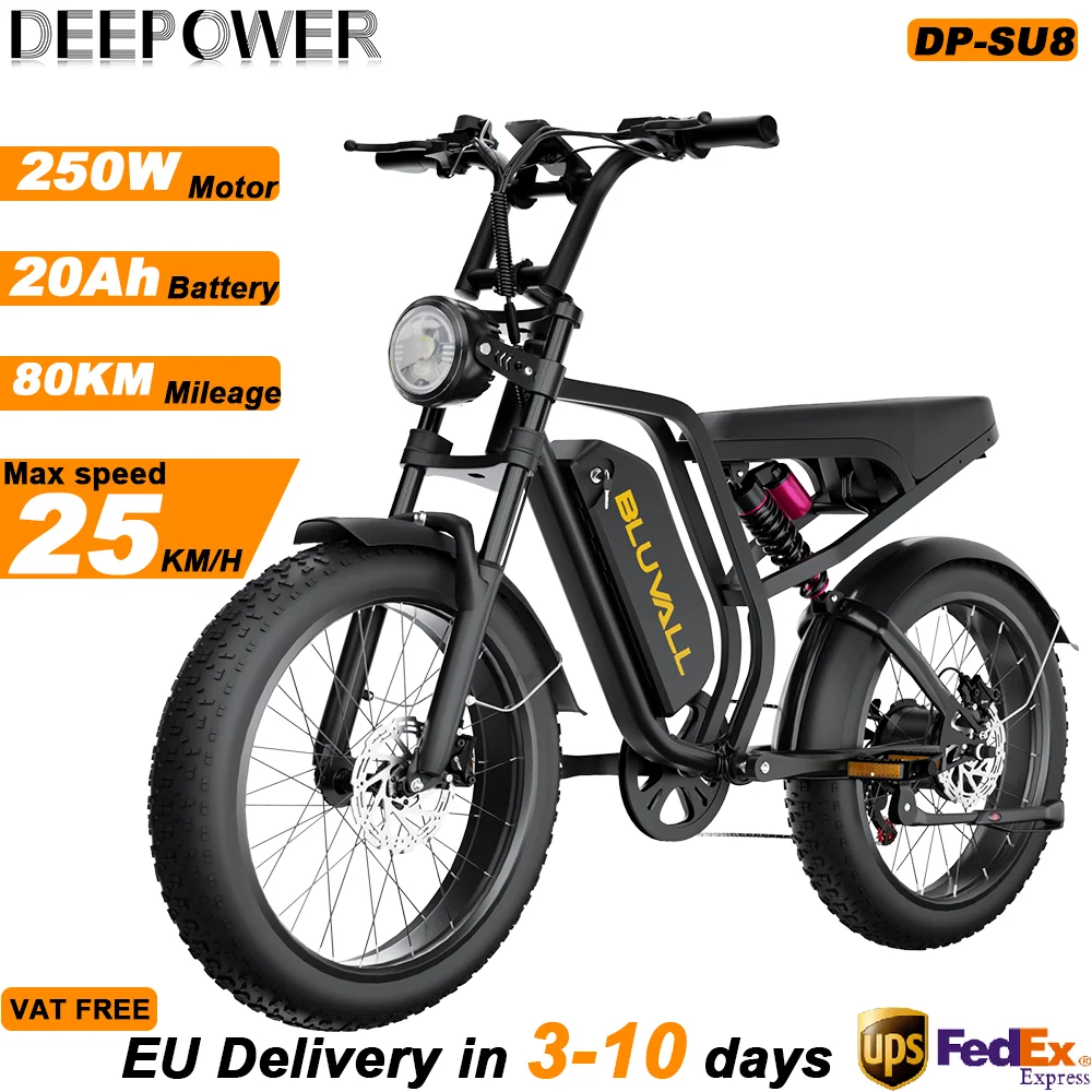 DEEPOWER SU8, bicicletta elettrica da 250 W, adatta a tutti i tipi di terreno, con batteria ad alte prestazioni rimovibile da 52 V e 20 Ah, cambio a 7 velocità, freni idraulici, sistema di
