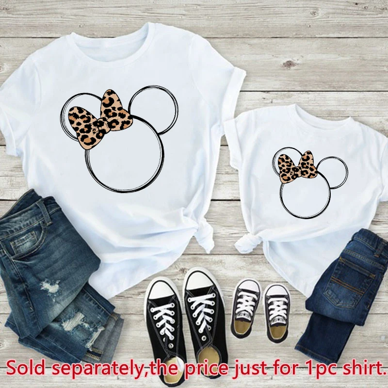 New Leopard Minnie Mouse Print Kawai Mother Kids Family Matching Outfits Disney Tops White Short Sleeve Mom and Daughter Clothes