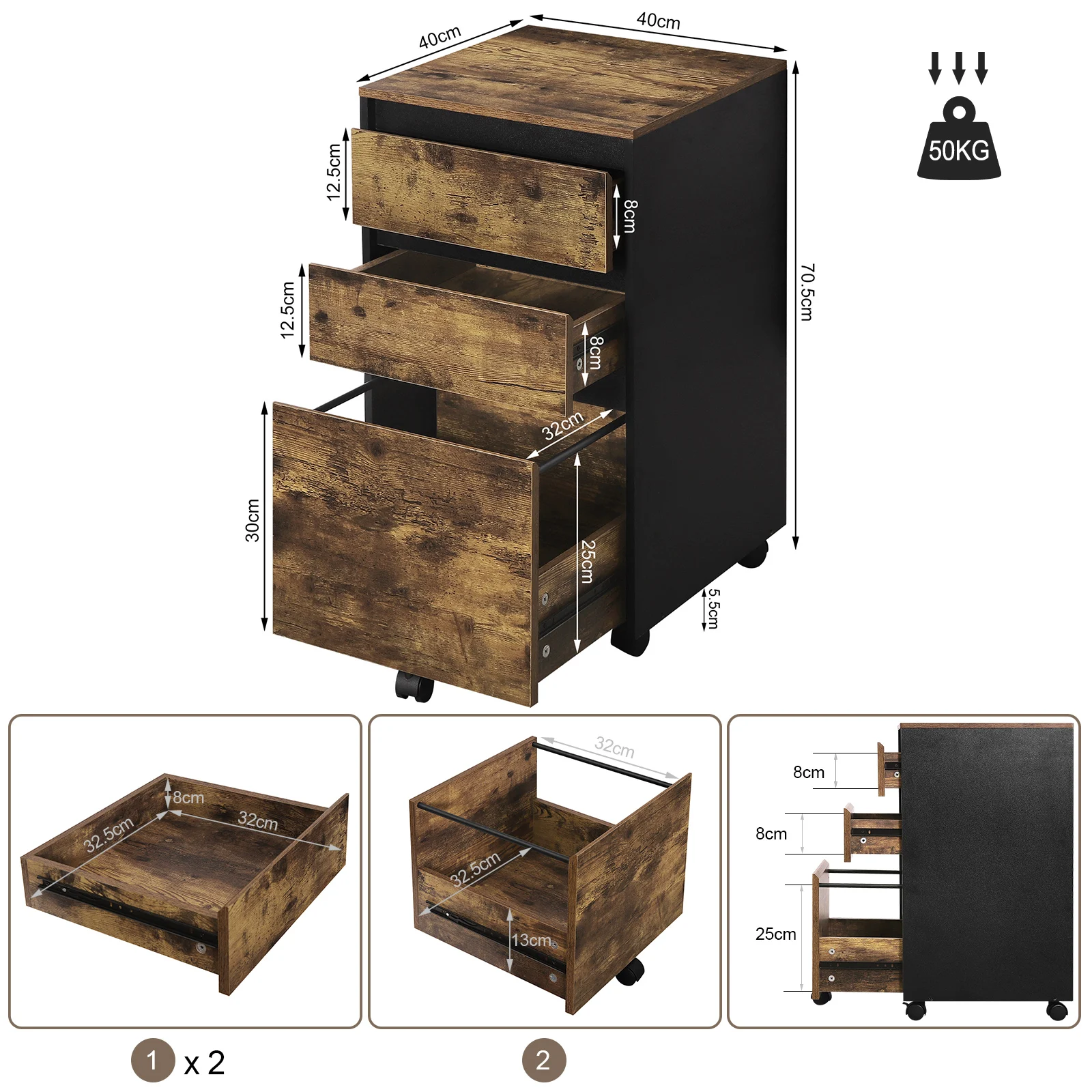 40 x 70 x 40 cm mobiler Aktenschrank für Hebelbogen-Ordner, Büro-Organizer, Aufbewahrung mit 3 Schubladen, Rollen, Rollschrank