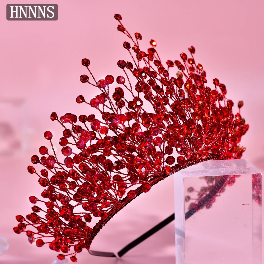 

HNNNS Trendy Wedding Hair Accessories Red Crystal Crown Headband Shiny Headpiece Banquet Pageant Party Tiara Headwear A234