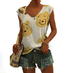 2023 summer new fashion all-match casual ladies slim tops Disney cute Winnie the Pooh anime print street sleeveless V-neck vest