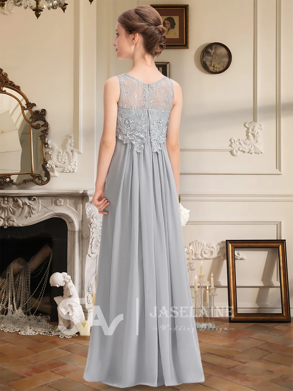 エレガントなジュニアブライズメイドドレス レース ボディス スクープ シフォン フロアレングス Aライン フラワーガールドレス ガールズ フォーマル ウェディングパーティー