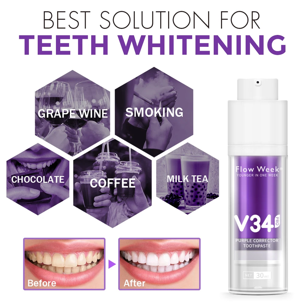 FlowWeek V34 Purple Toothpaste, Teeth Whitening V34, White Teeth, White Toothpaste, Bleach Teeth, Remove Cigarette Coffee Stains