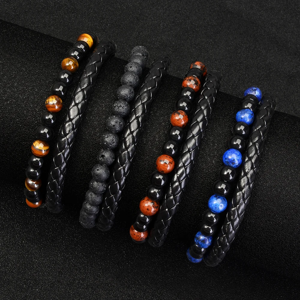 1pc Stainless Steel Bracelet Tiger Eye Stone Beads Bracelet Natural Lava Stone Beads Stainless Steel Bracelet Men Women Jewelry