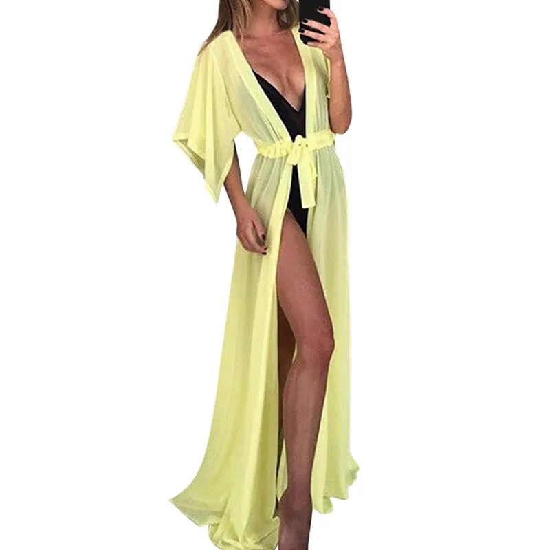 Fashion Women Summer Solid Color Short Sleeve Loose Sexy Beach Dress Holiday Swimwear Mesh Cover Up