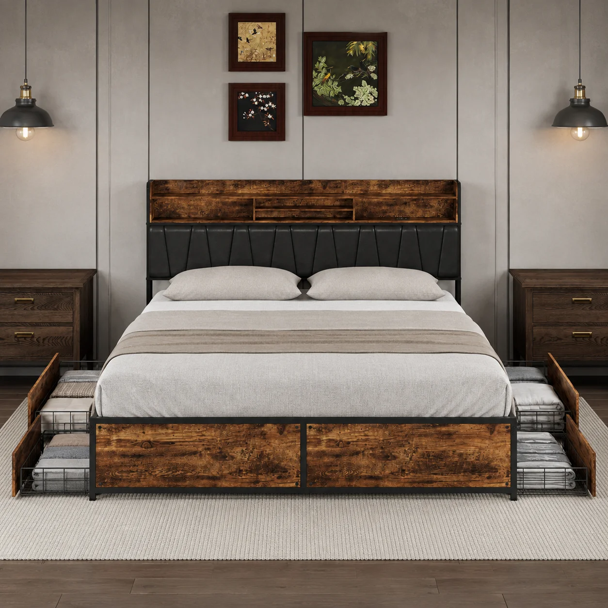 Doppelbett 180x200 cm, Metallrahmen, mit 4 Schubladen (Eisen-Holz), PU-Bezug, ohne Matratze, in Tigerfell-Optik