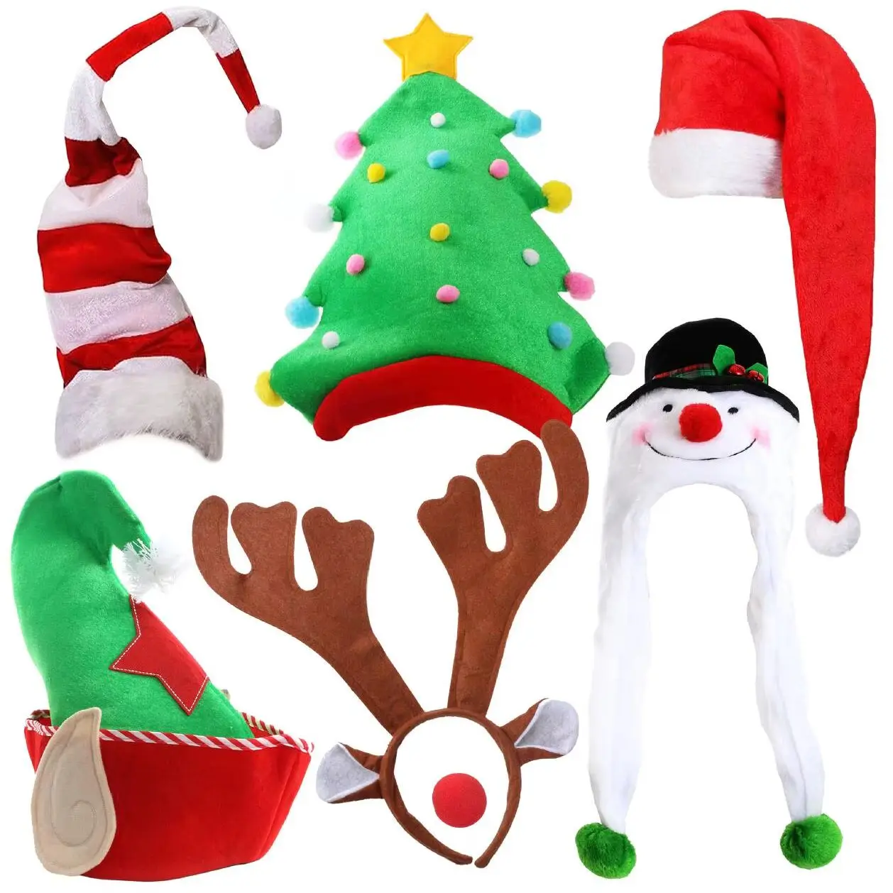 6 Pack of Novelty Christmas Hats - Tree + Snowman + Long Santa Hat + Log Red & White + Elf + Reindeer Hat with Red Nose