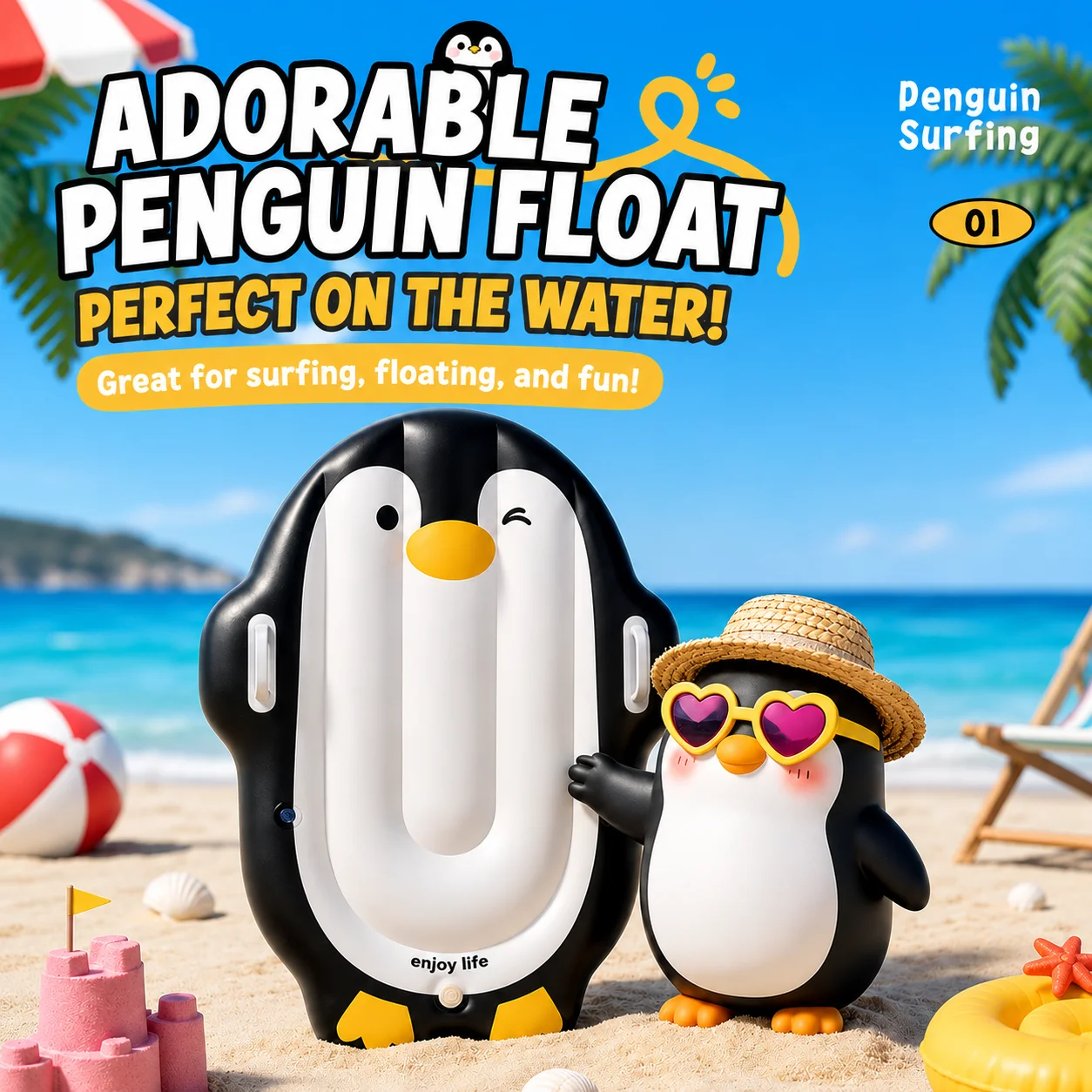 Penguin Inflatable Surfboard Float with Dual Handles, Press-to-Inflate Water Board for Pool Beach Summer Fun view 4