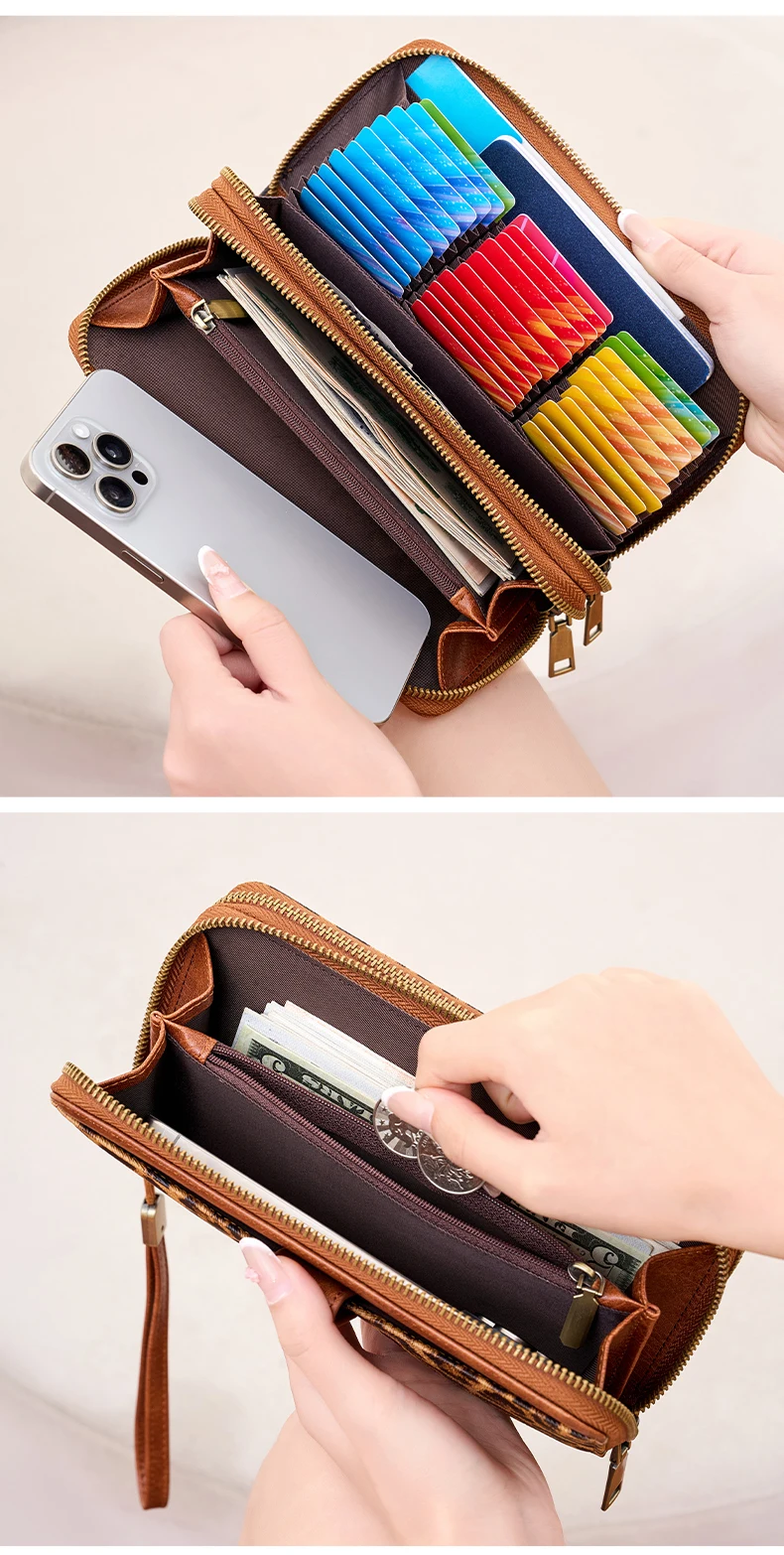 Stilvolle Damen-Langbörse mit Doppelreißverschlüssen, großer Kapazität, Akkordeon-Kartenhalter, Clutch, Retro-PU-Leder-Münzbörse, Unisex – Detail 8