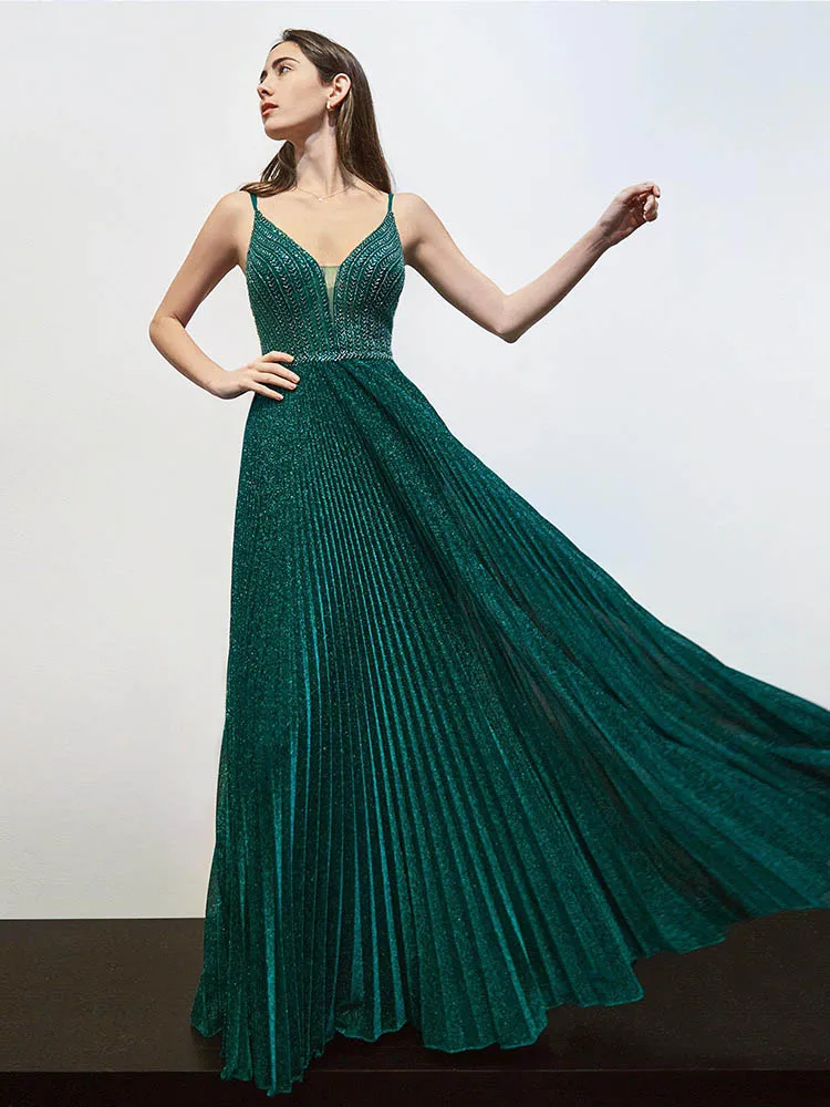 New Design Emerald Green Long Prom Dresses Spaghetti Strap Beading Pleated Formal Women Party Gown YQLNNE