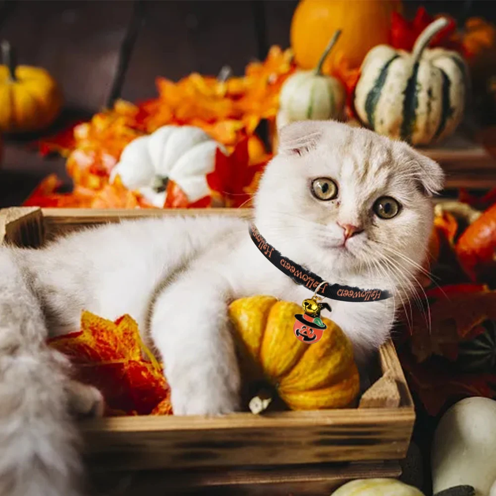 2 PCS Halloween Cat Collars,Quick Release Cat Collar with Bell and Bow Pumpkin Soft Adjustable Breakaway Pet Collar