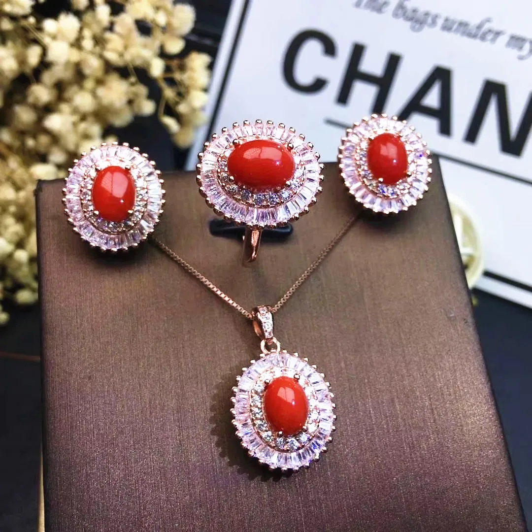 

KJJEAXCMY Fine Jewelry 925 Sterling Silver Natural Red Coral Women Ring Earring Pendant Necklace Set Party Wedding Girl Birthdy