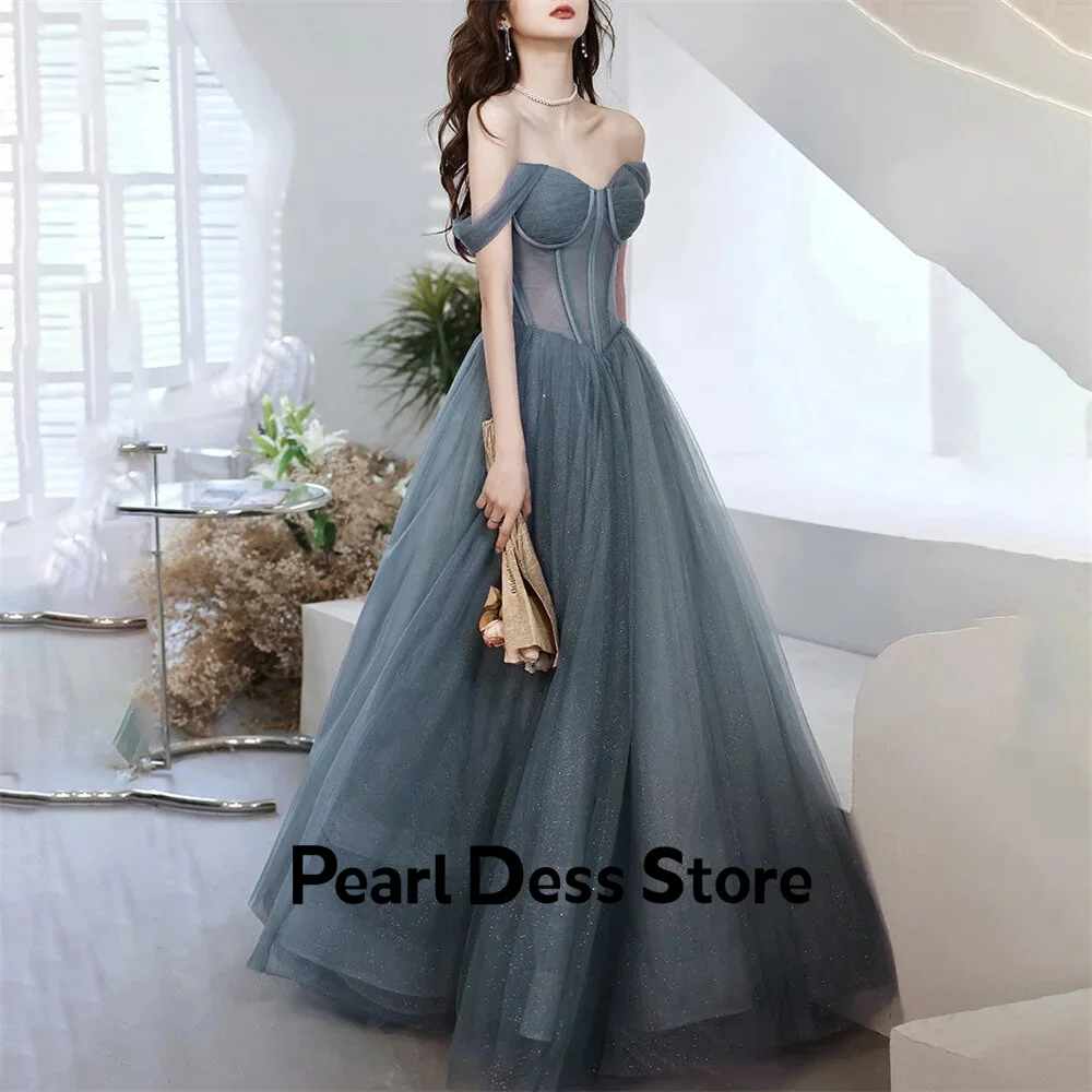 

Grey shiny sheer evening dress with off the shoulder lace up back, charming ball party dress, formal occasion party dress