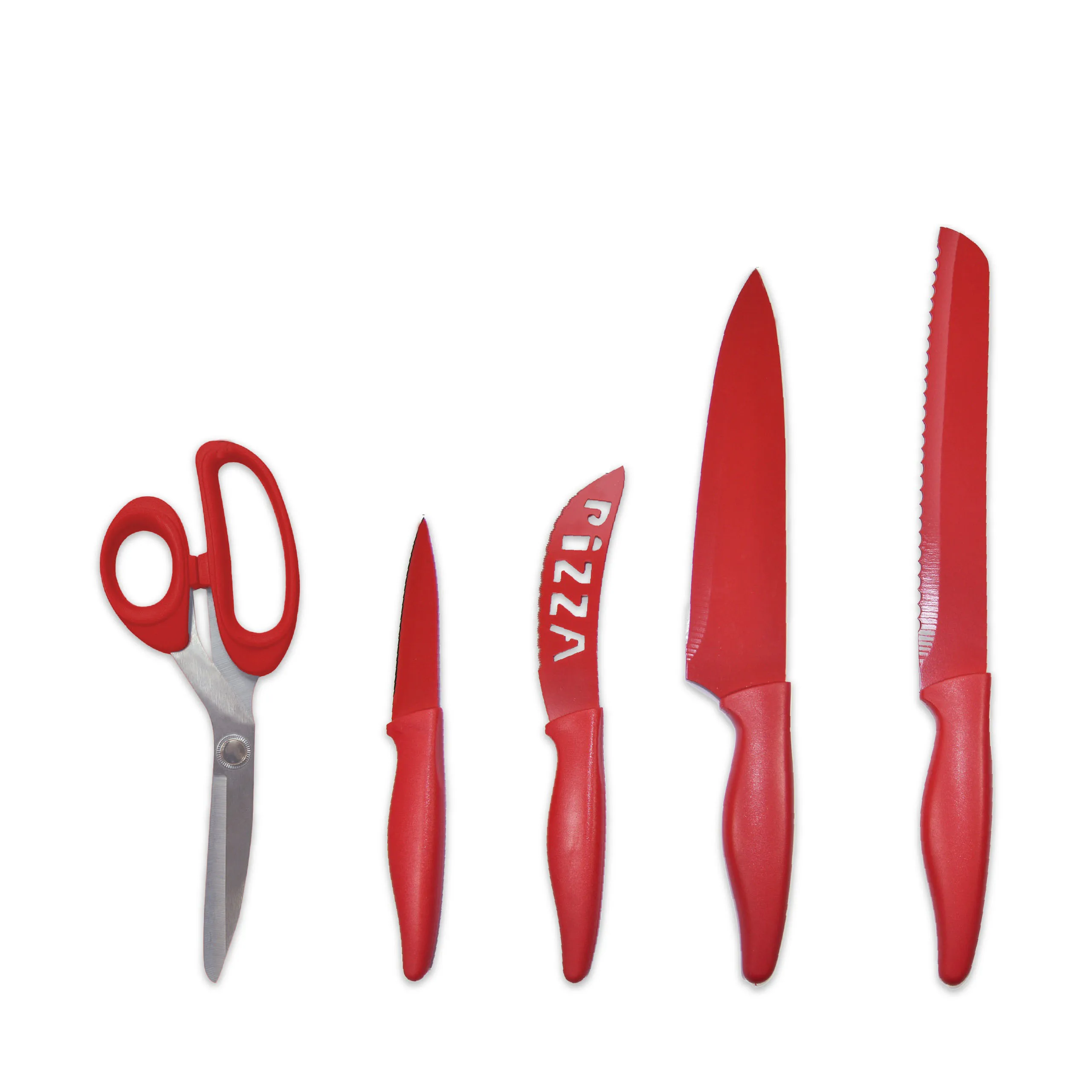 Jocca Stainless Steel Non-stick Coating Multi-purpose Kitchen Knife Set Red with Scissor Gift Includes: 1 for peeling, 1 for pizza, 1 for bread, 1 universal and scissor