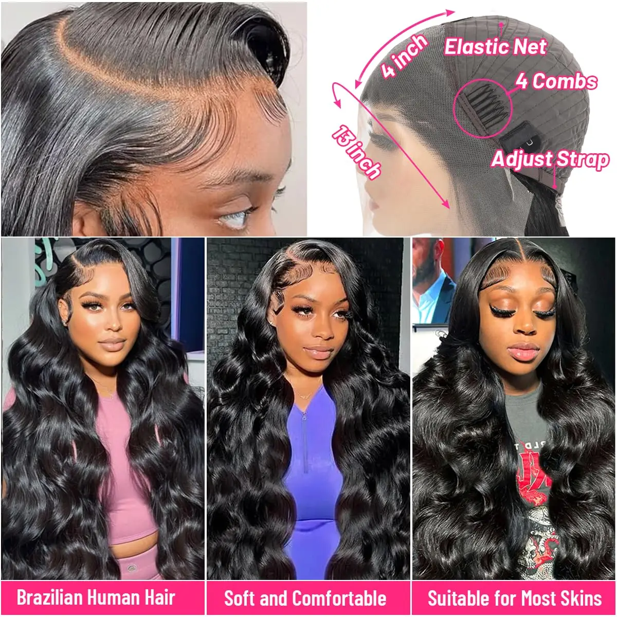 Body Wave 13x4 Lace Front Wigs Pre Plucked With Baby Hair Human Hair 180% Density Transparent Lace Wigs for Women 28 30 Inch #1B