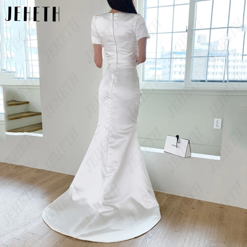 JEHETH O-Neck Mermaid Korea Bridal Gowns Women Simple Satin Wedding Dresses Vintage Short Sleeves 웨딩드레스 Photography Side Split