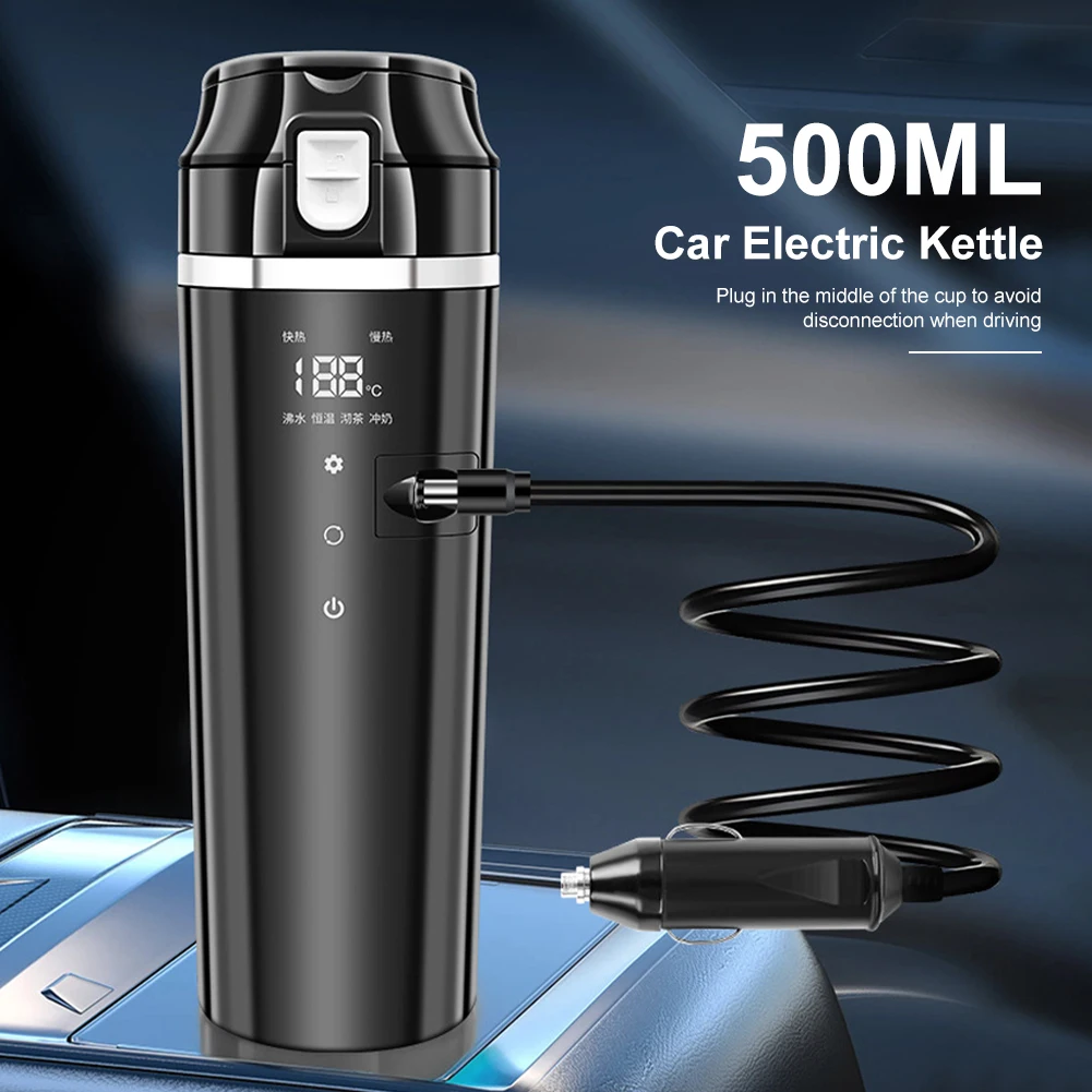 500ml Portable Car Electric Kettle 12/24V Heating Cup with LCD Display 4 Modes Coffee Kettle Hot Water Boiler Bottle Heating Mug