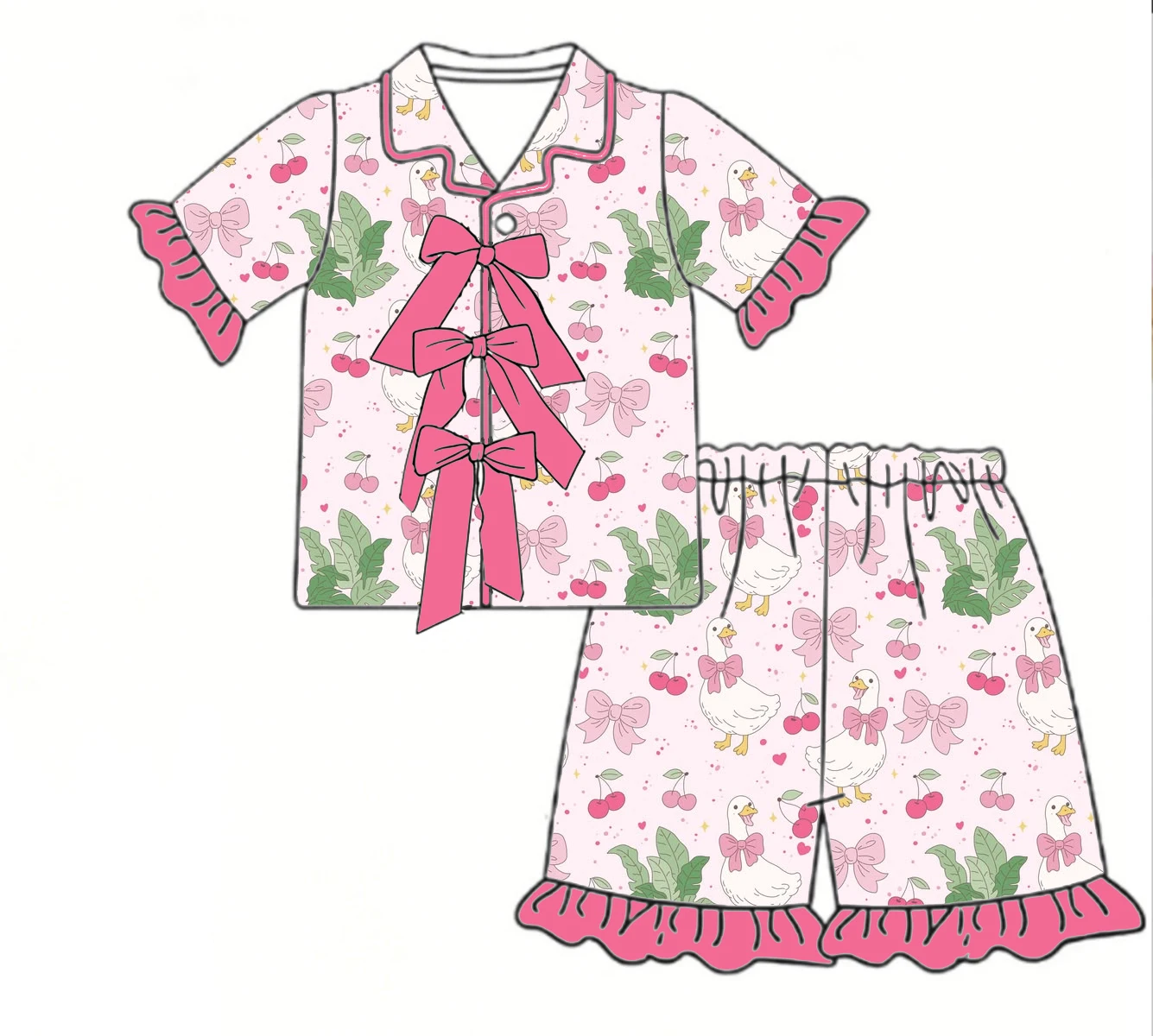Boutique children's sets lapel Bow decoration ruffles short sleeve shorts bow flower print girls' set custom