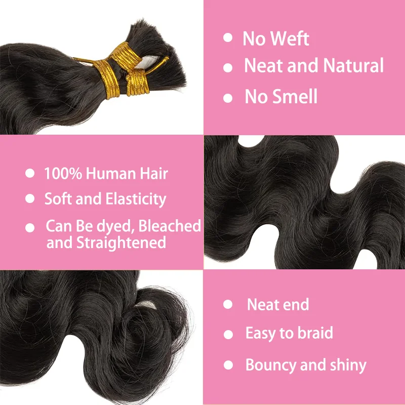 Extensions de cheveux humains Body Wave pour tressage, tresses noires naturelles, 100% cheveux humains, en vrac, sans trame, 1 paquet, 50g