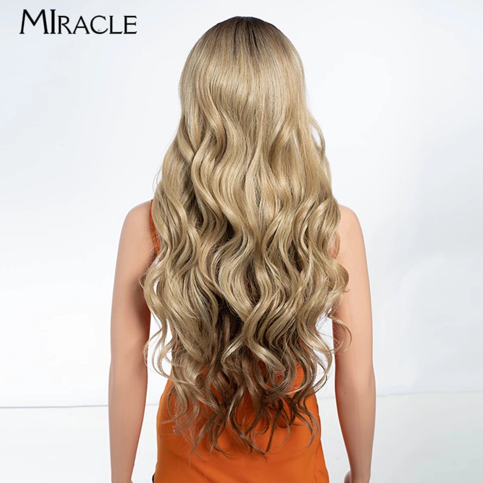 MIRACLE Synthetic Lace Front Wigs For Women 28\'\' Body Wave Lace Wig With Baby Hair Ombre Blonde Cosplay Wig Heat Resistant