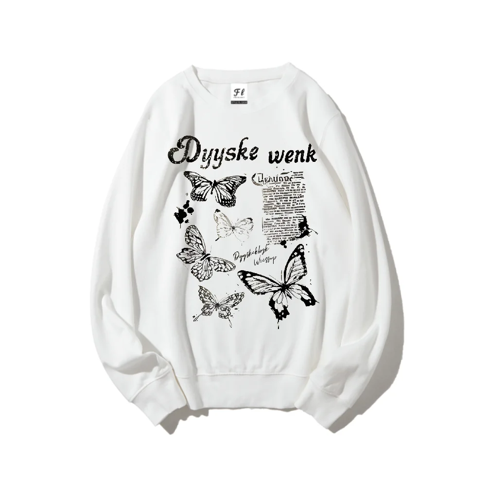 Bluza z długim rękawem w stylu retro z nadrukiem motyli, sloganem Dyyske Wenk, ocieplana, zimowa, ciepła, lekka, oddychająca, streetwear