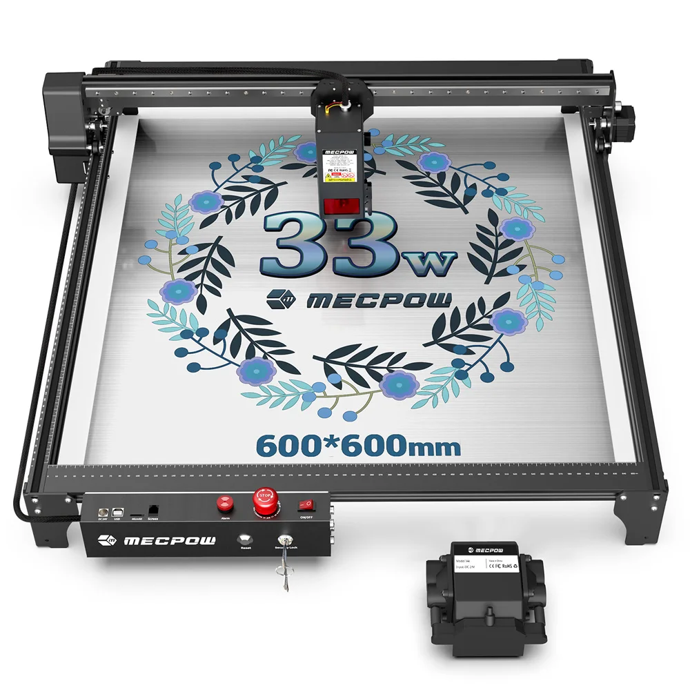 Mecpow X5 Pro 33W Lasergravurmaschine – Graviert 15mm Holz, 12mm Acryl, 0,1mm Edelstahl, 0,08x0,1mm Punkte – 28000mm/Min Geschwindigkeit, 600x600mm Arbeitsbereich, automatische Luftunterstützung,