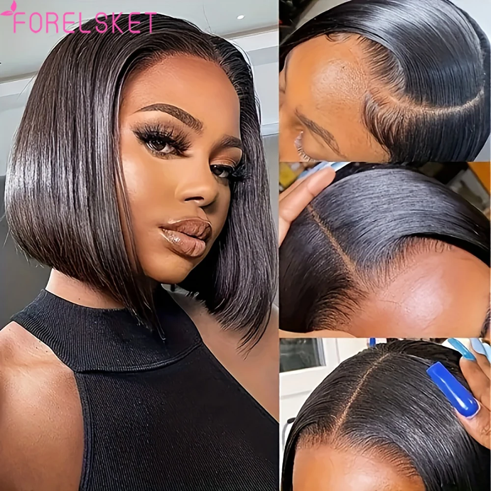 

FORELSKET Bone Straight Natural Black 13×4 Lace Frontal Short Bob Human Hair Wig Brazilian Hair Transparent Lace Pre Plucked Bob