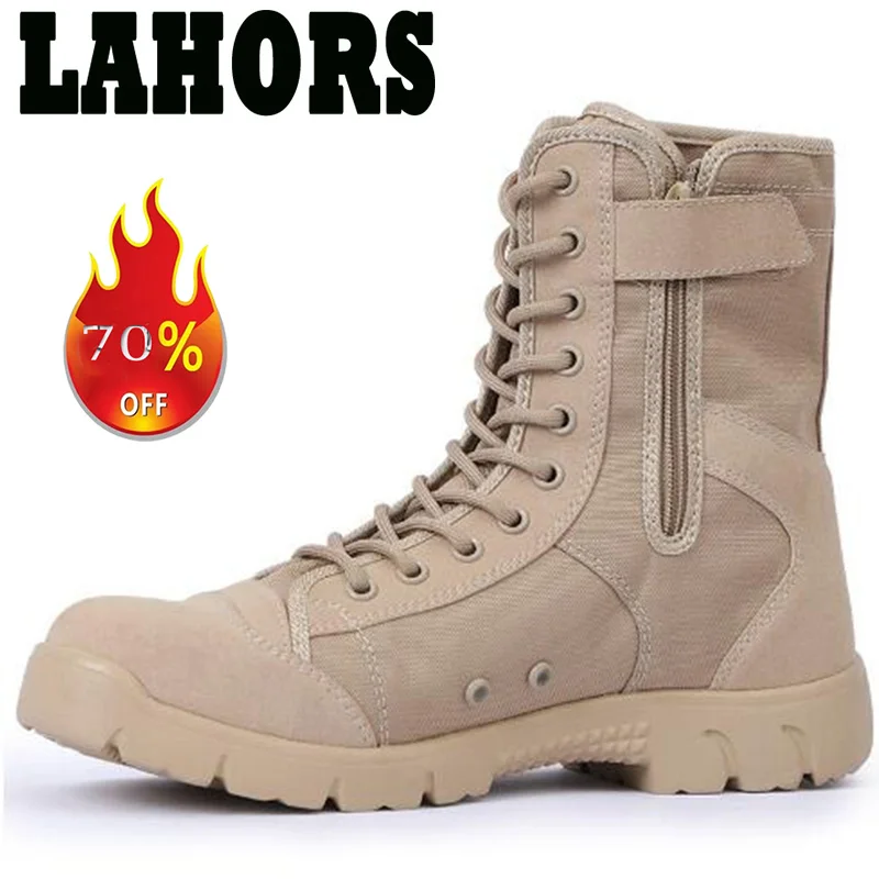 LAHORS Men Tactical Boots Lace Up Waterproof Outdoor Botas Breathable Canvas Camouflage Tactical Combat Desert Ankle Shoes