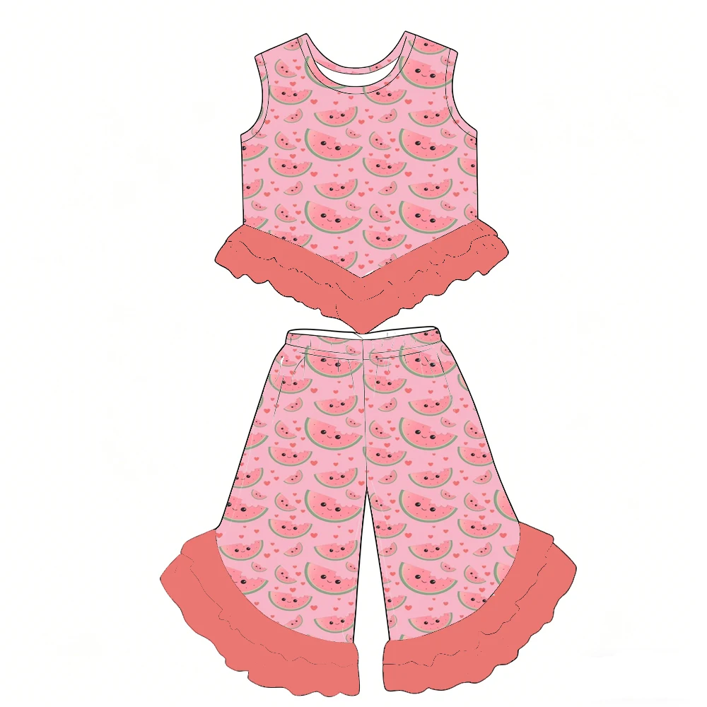 Boutique children's sets Sleeveless ruffled top paired with ruffled trousers girls set fruit animal print custom wholesale