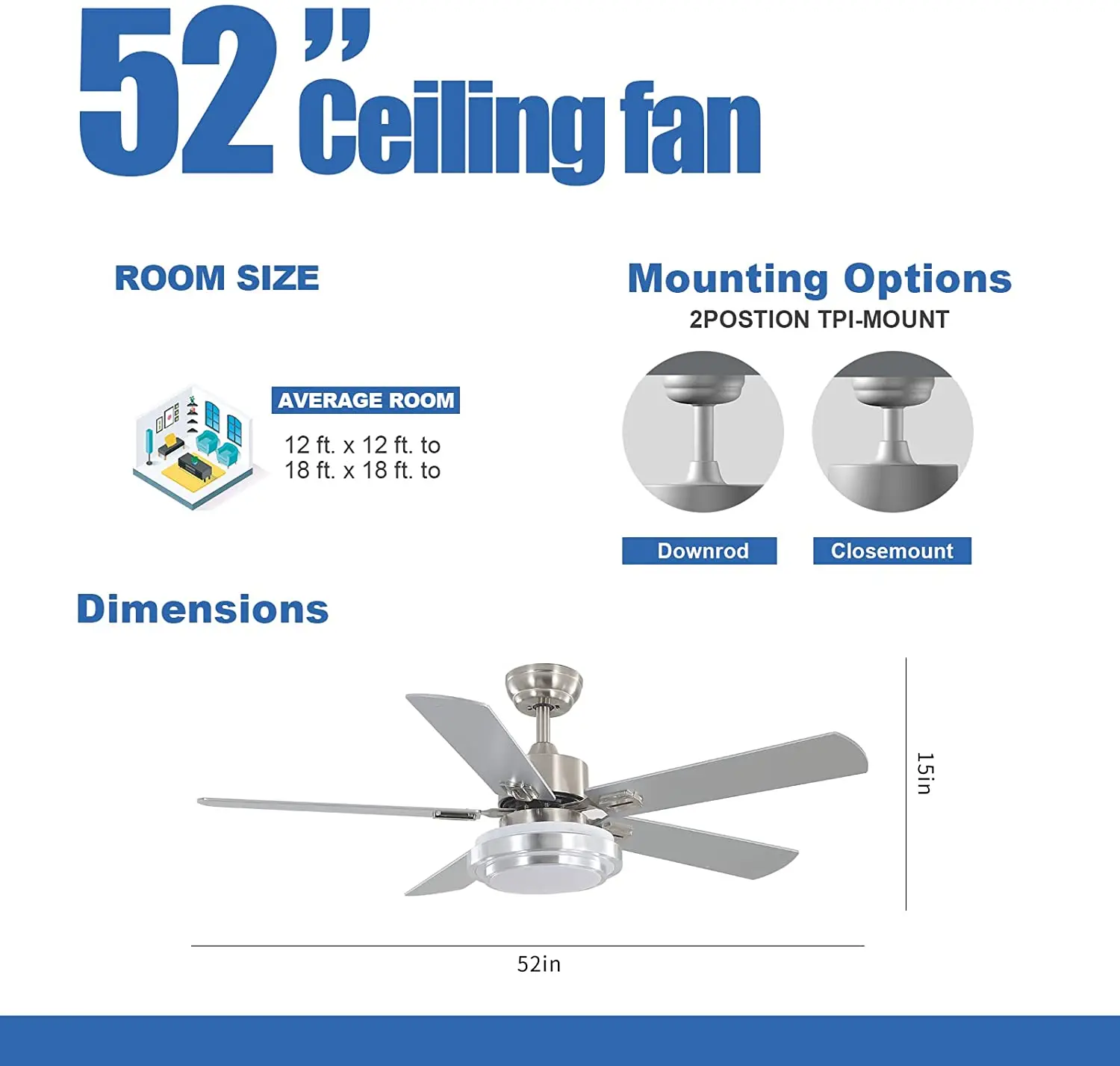 Ceiling Fan with Lights Remote Control, 52 Inch, Brushed Nickel DC Motor For Home Ceiling Fan Lamp DC ventilador de teto