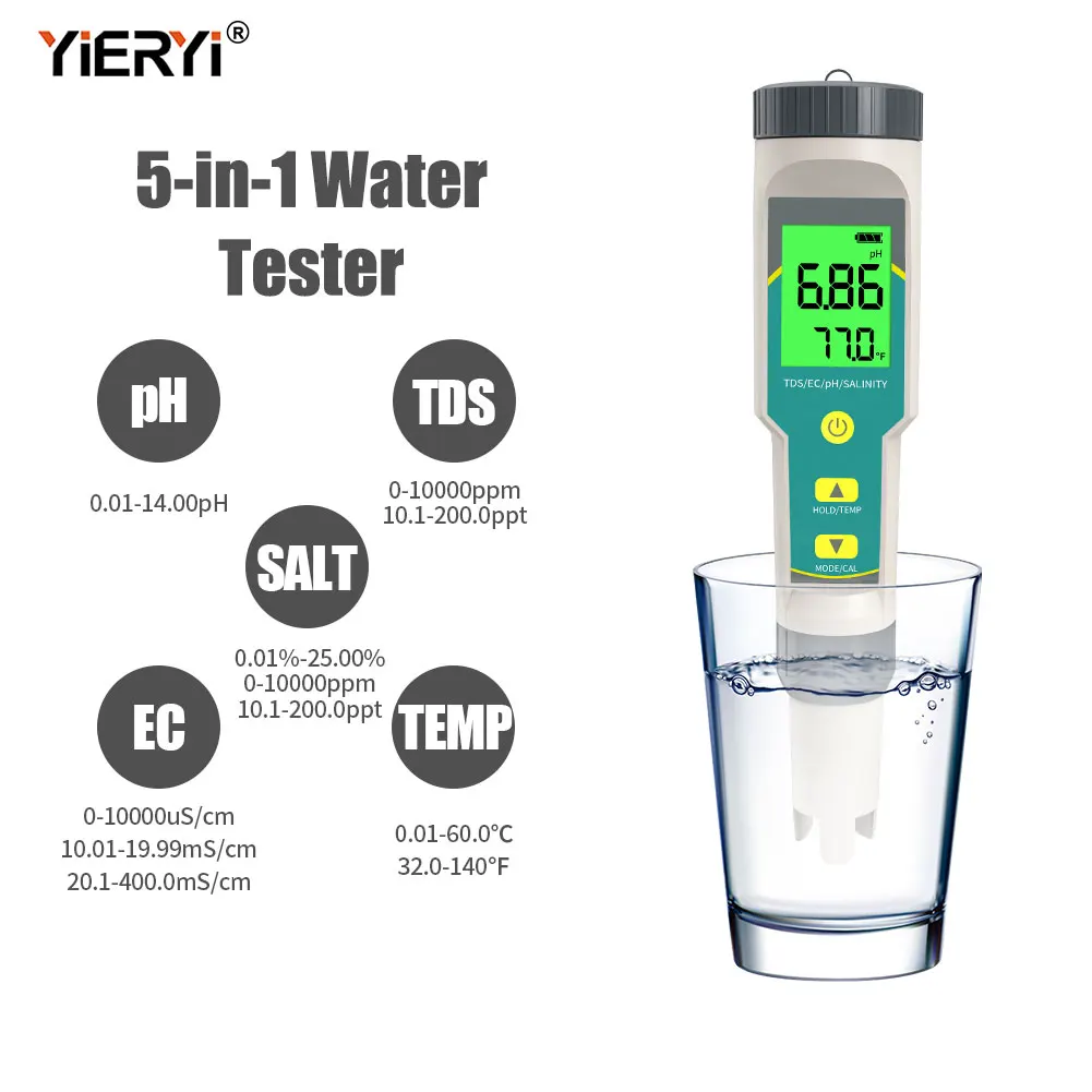 Yieryi 5 In 1 Digital Water Quality Tester PH TDS EC Salinity Temperature Meter For Drinking Water Aquarium Hydroponics Pool Spa