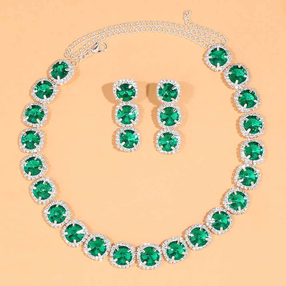 Stonefans Green Crystal Bridal Jewelry Set Necklace Earrings Women Luxury Accessories Rhinestone Party Jewelry Sets Wedding Gift