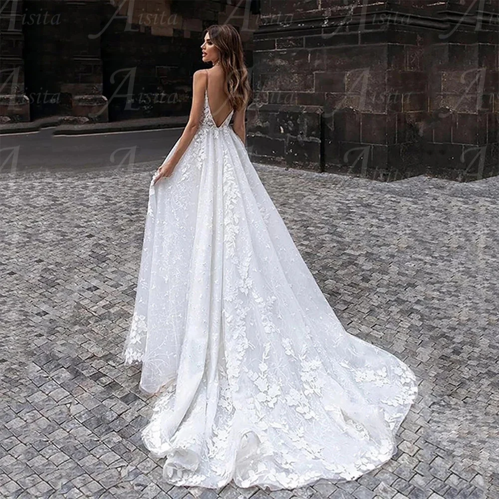 Robe de mariée trapèze à col en V personnalisée, bretelles spaghetti, appliques en dentelle, adaptée aux patients, quel que soit le dos ouvert, train de balayage, robe éducative