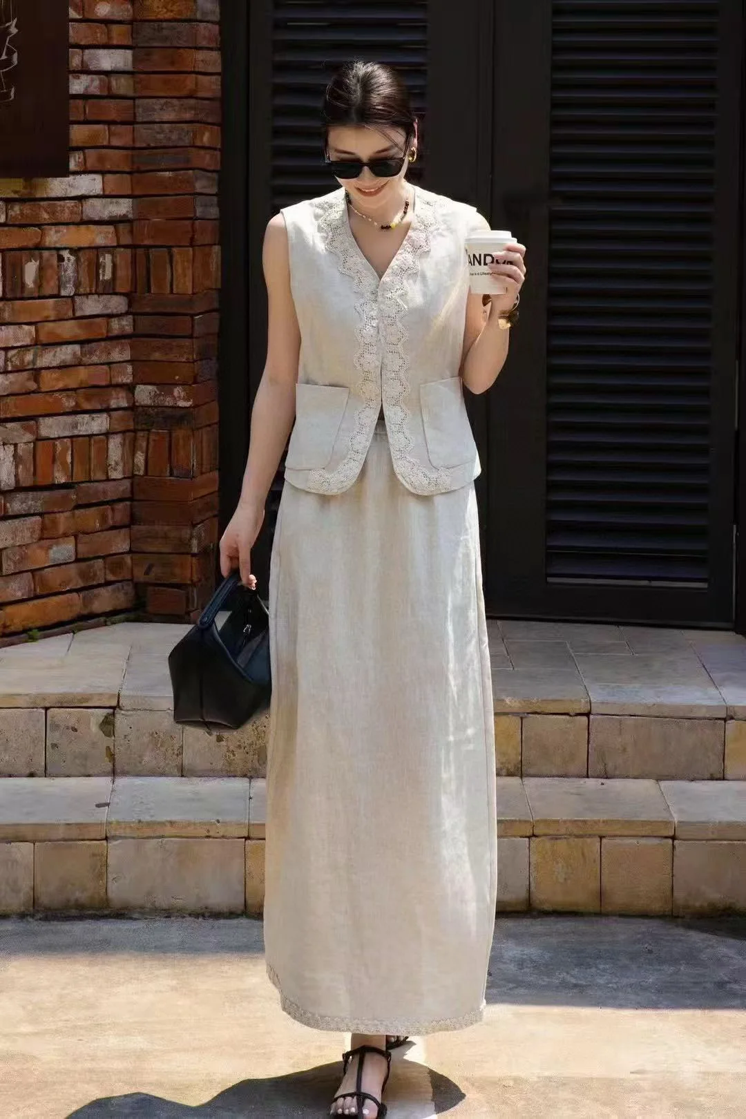 

Summer casual women's solid color linen skirt suit with vest
