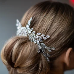 Fashion Leaf Cubic Zircon Bridal Hair Comb Tiara Accessories for Women Luxury Baroque Crystal Wedding Headband Headpiece Jewelry