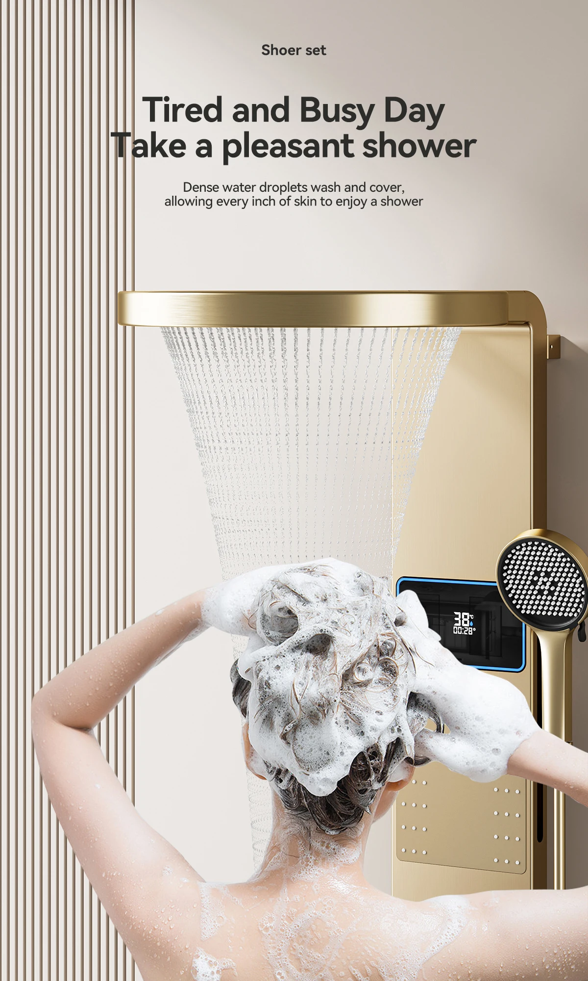 Goldener Nickel-Duschschirm Wandmontiertes Wasserfall-Duschkopf-Set Badezimmer Digitale Atmosphäre LED-Licht Duschset Schirm – Detail 2