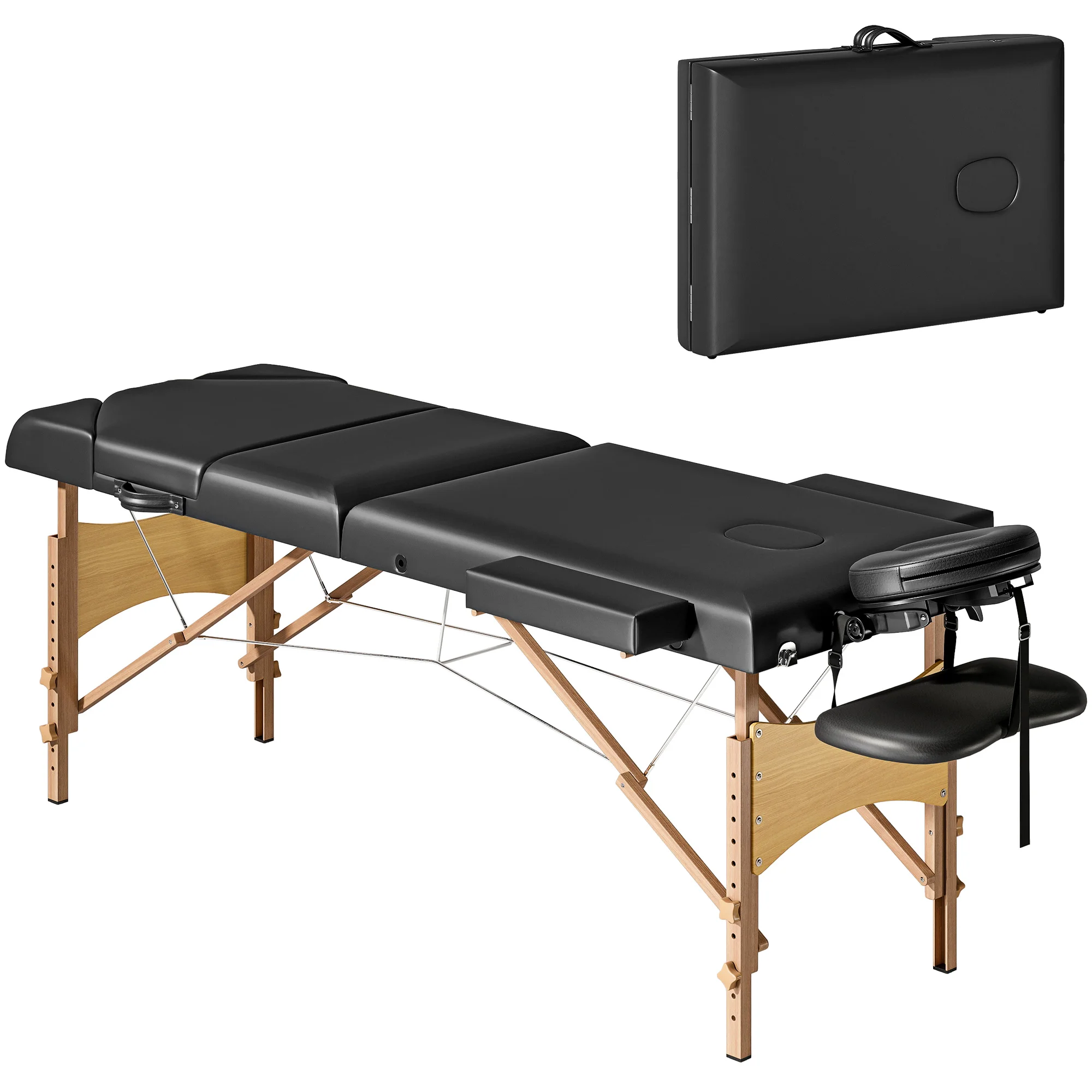 Immagine 3: Lettino da Massaggio Pieghevole in Legno a 3 Zone con Poggiatesta e Braccioli Regolabili 215x60x62-89 cm Nero