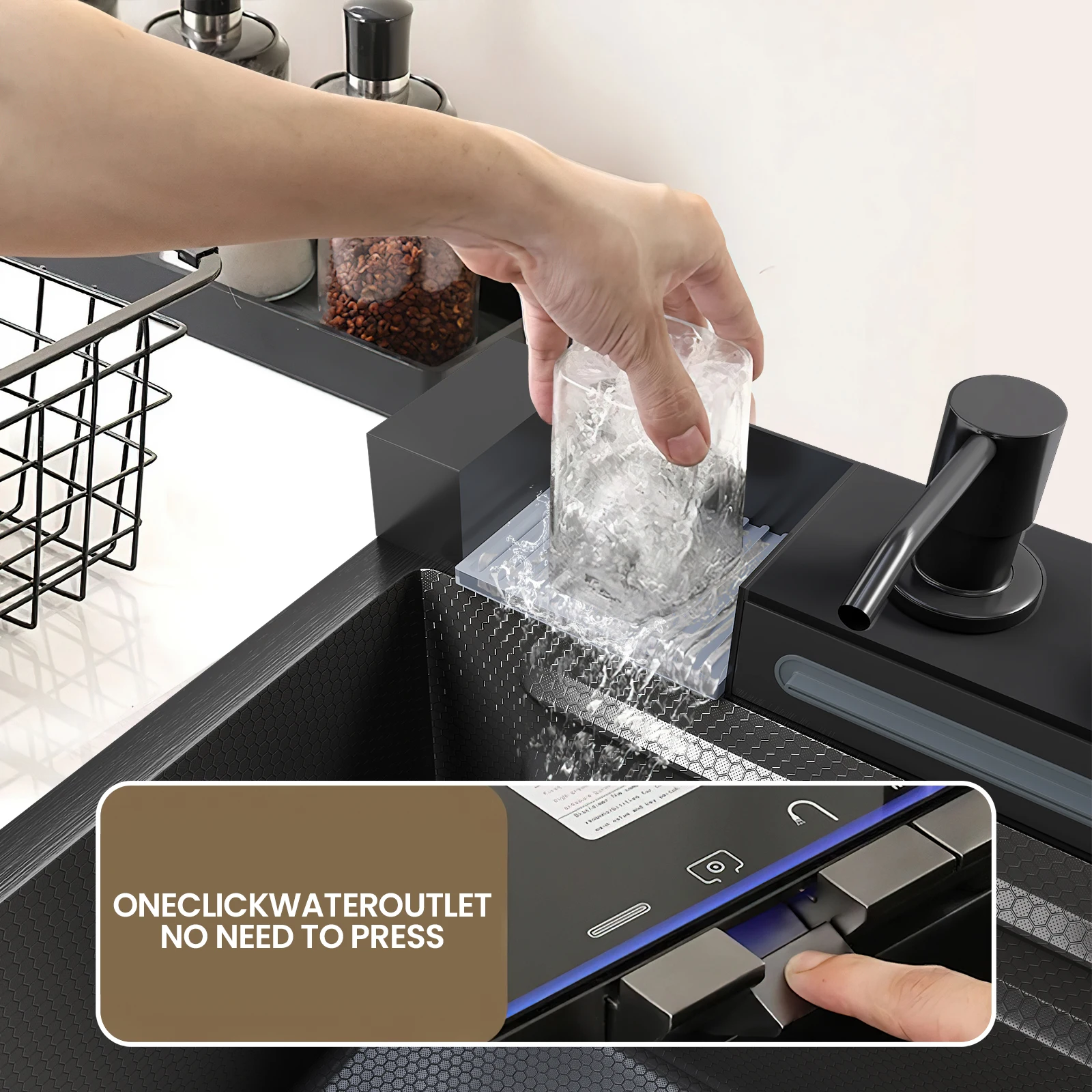Integrierte große Einzel-Spülbecken-Küchenspüle aus Edelstahl mit Wasserfallarmatur, digitaler Temperaturanzeige, komplettem Set mit Seifenspender und Zubehör für Zuhause, Restaurant und Hotel – Detail 3