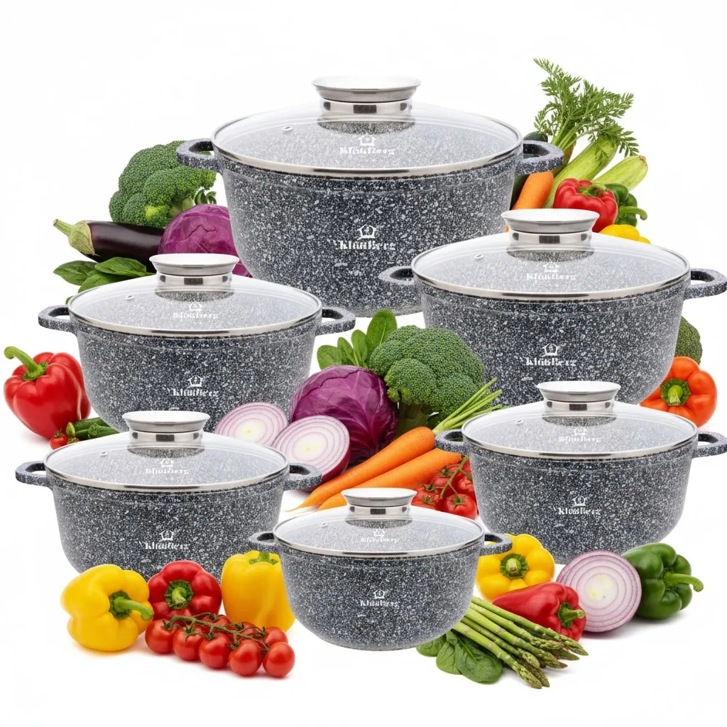 12-delige KlönBerg set | met marmeren coating | pot | met deksel | Anti-aanbaklaag | voor inductiekookplaten | perfect als cadeau | voor alle soorten kooktoestellen | KB3968
