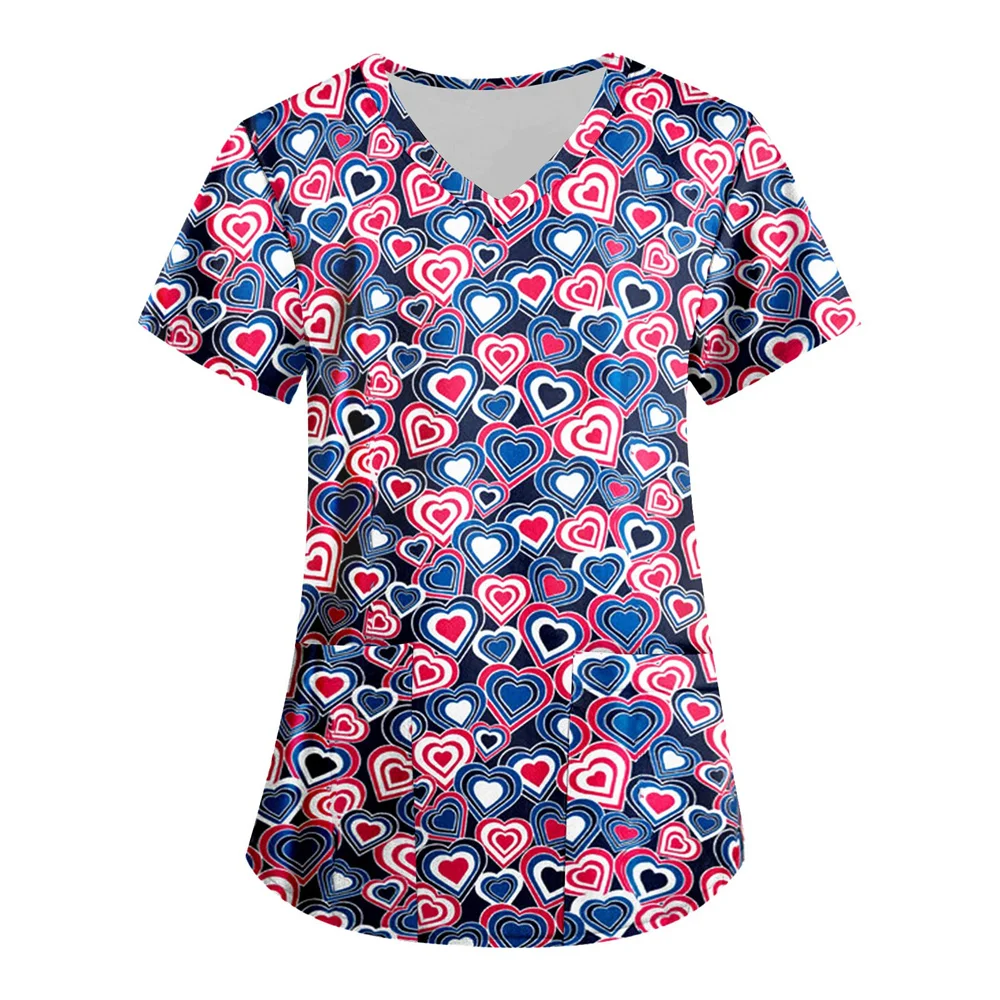 Tops Women Scrub Nurse Print Short Sleeve Cartoon V-Neck Tops Working T-Shirts Heart Print Healthcare Tunic Carers Workwear Tops