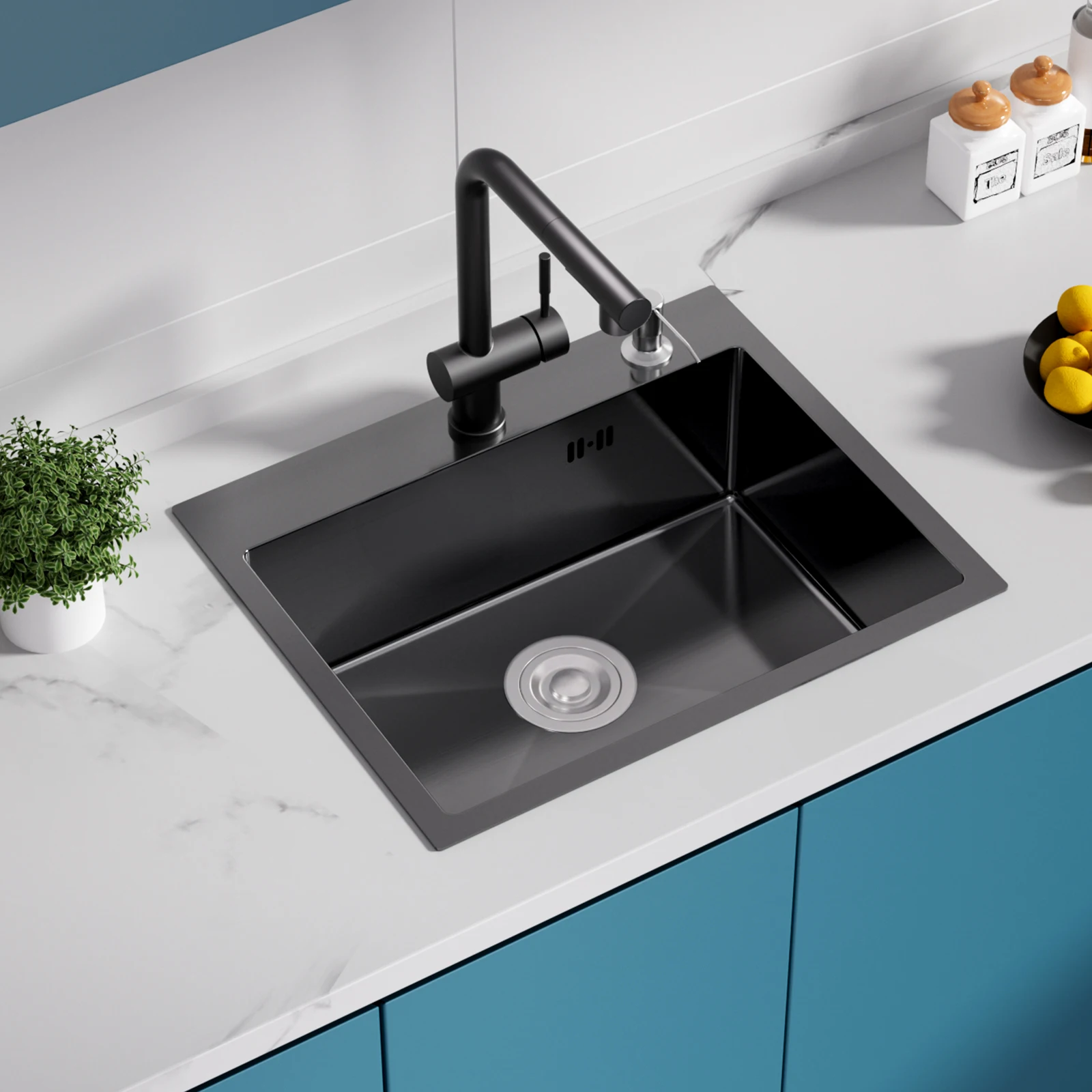 55 x 45 cm Küchenspüle Nano Schwarz Edelstahl Handgefertigt Einbauspüle mit Seifenspender Kratzfest Spülbecken für Moderne Küche und Wohnmobil mit Siphon und Abflussgarnitur Set