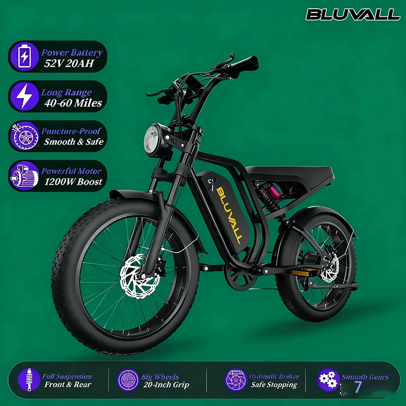 Sepeda Listrik Untuk Dewasa 20 Inci Ban Anti-Ledakan Motor 1000W Baterai 52V 20Ah Suspensi Penuh Sepeda Listrik Off-Road untuk Pria Wanita