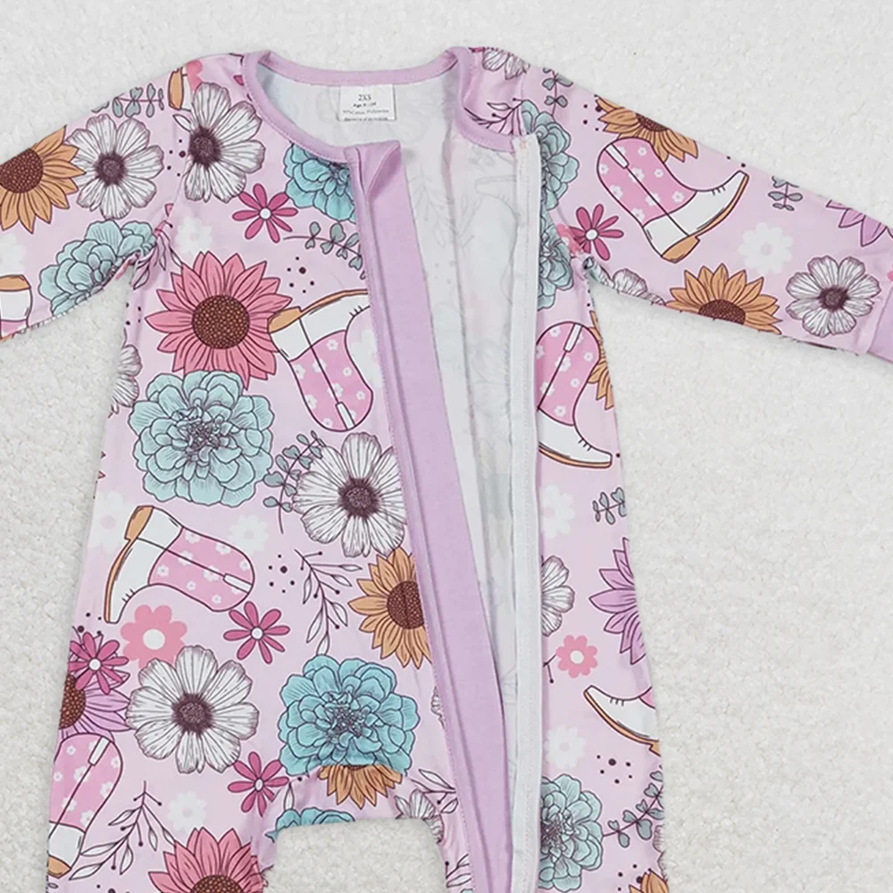 LR0801 Baby Mädchen Winter Strampler Baby Mädchen Rosa Blumen Stiefel Western Langarm Reißverschluss Strampler