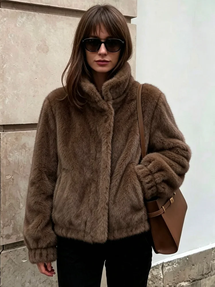 AACHOAE Women Faux Fur Jacket Winter Coat Stand Collar Long Sleeve Snap Button Warm Loose Casual Elegant Outerwear