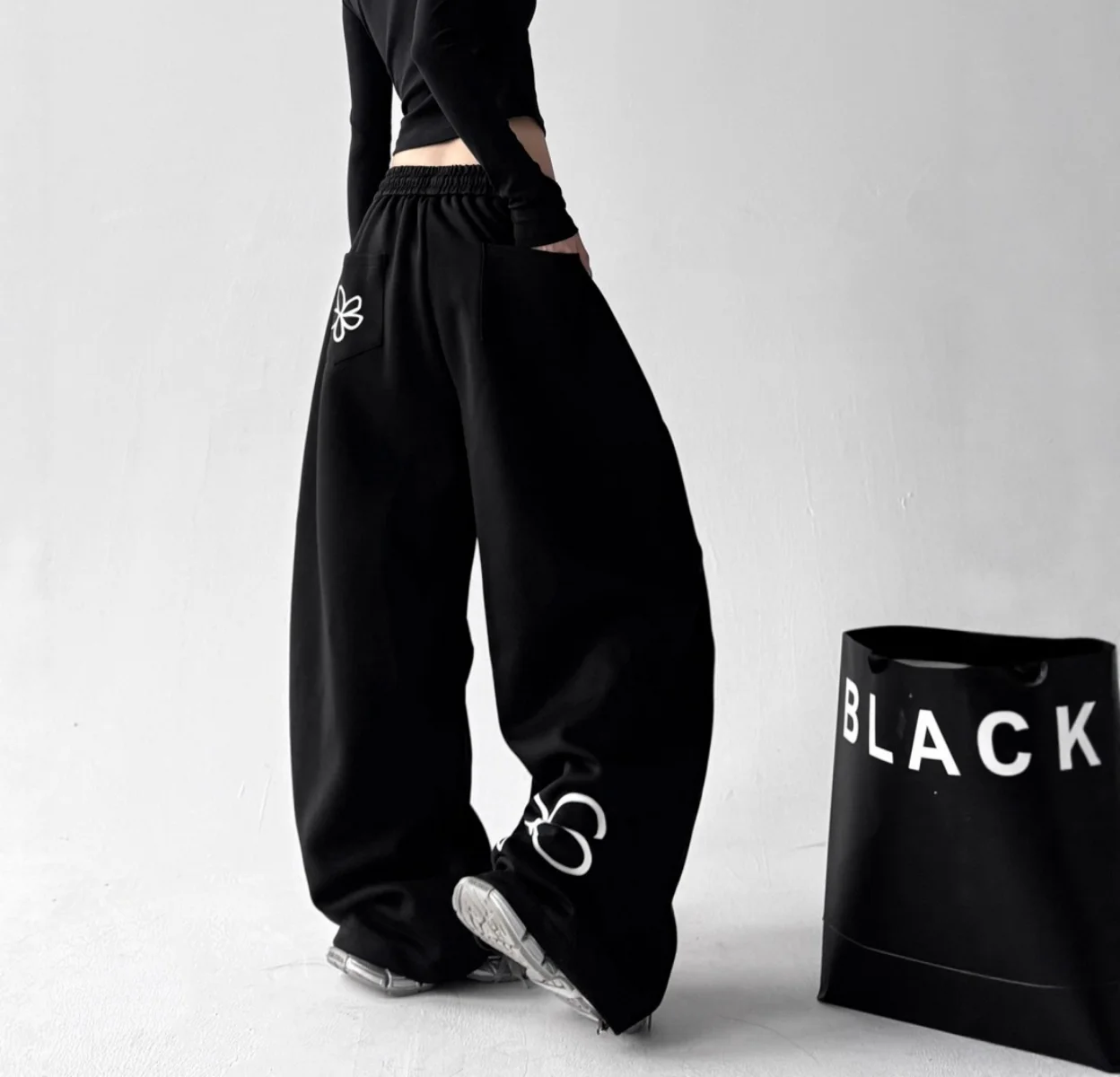 Schwarze Y2k Elegante Hose Mode Übergroße Bedruckte Elastische Jogginghose Lässige Kordelzug Weite Hose Damen Streetwear Hose