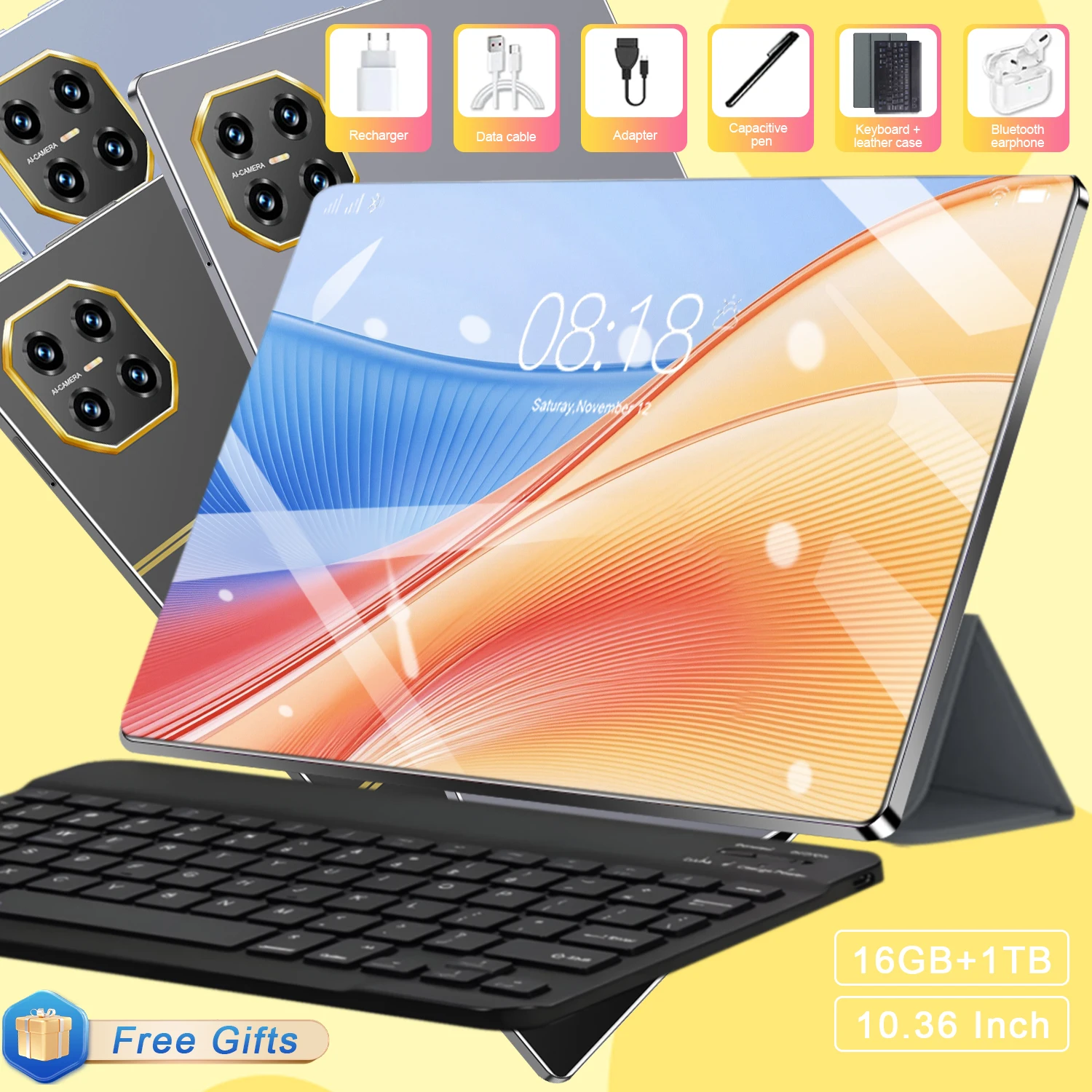 Tablette 5G Version Globale 20000mAh 16MP+32MP 10,36 Pouces Android 13 16Go+1To WPS+5G WiFi Bluetooth Double SIM Appel Téléphonique